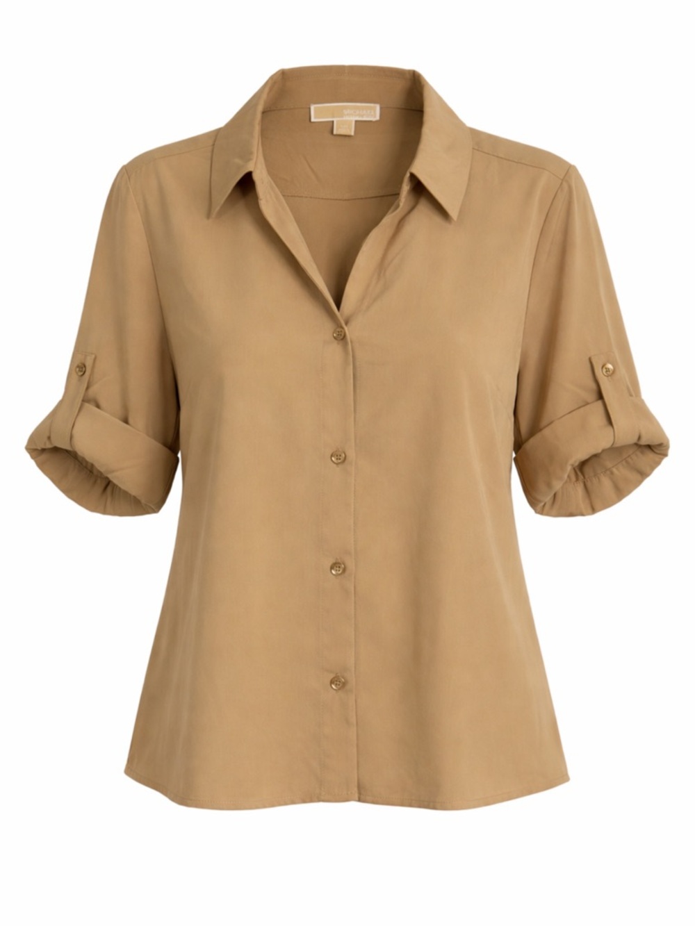 NWT Michael Kors Khaki Button Down Short Sleeve Roll Tab Utility Shirt Sz Large